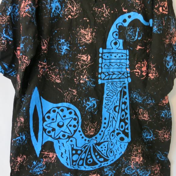 AFRICAN Handmade Dashiki Mens Shirt Saxophone Short Sleeve Black Blue One Size - Picture 6 of 13